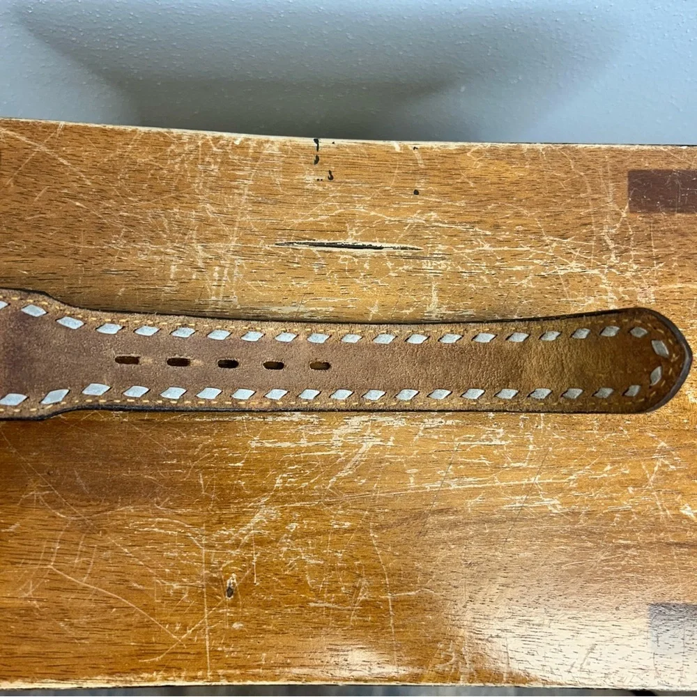 Vintage Roger RH Brown Leather Belt Custom Buckle Tony Lama Western Southwestern